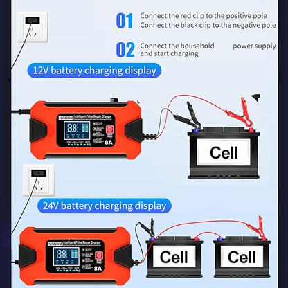 ZiYiJuan 8-Amp Smart Car Battery Charger and Maintainer, 12V/24V Automatic with LCD Display