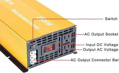 2500W Pure Sine Wave Inverter-36V DC to 110V 120V AC Power Converter with 2 AC Outlets, 36 Volt Power Inverter for Truck, Rv, Camping, Home, Emergency Power