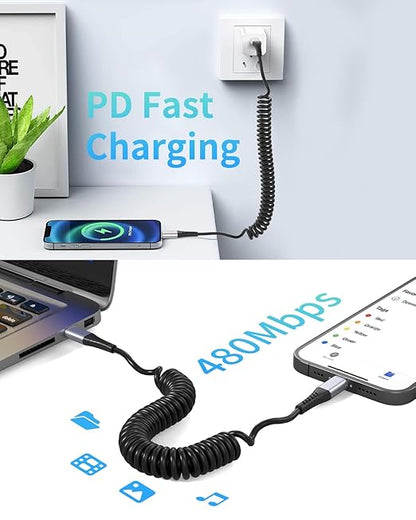 Coiled USB C to Lightning Cable for Car 2 Pack, 3FT Apple Carplay Cable, Short Retractable iPhone Charger Fast Charging Cord for iPhone 14 13 12 11 Pro Max Xs X Xr 8/Airpods