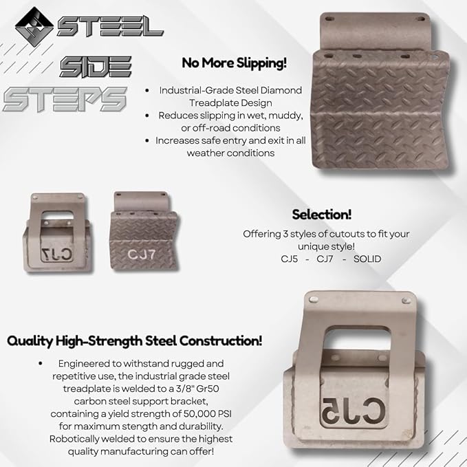CJ5 Side Steps Compatible with Jeep © CJ Vehicles (Pair) - Solid Steel Construction - Metal Diamond Treadplate Traction Design - Universal Fitment on Classic CJ-5 (CJ5 Cutout)