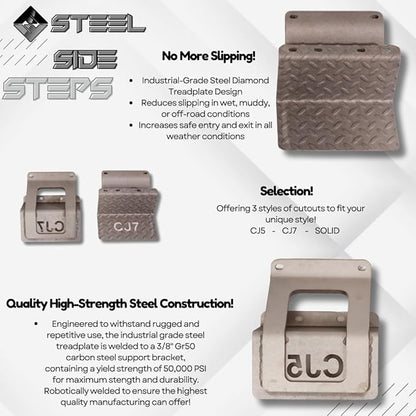 CJ5 Side Steps Compatible with Jeep © CJ Vehicles (Pair) - Solid Steel Construction - Metal Diamond Treadplate Traction Design - Universal Fitment on Classic CJ-5 (CJ5 Cutout)