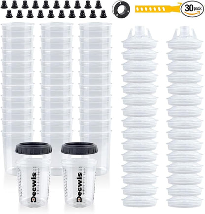 Disposable Paint Cups 6 Ounce(165ml), Mini Paint Mixing Cups with Lid and 30 Pack Paint Cup for Automotive Spray Gun, 125-Micron Filter, 2 Hard Cup with Retainer Ring, 20 Plugs, 1 Stirrer, 1 Seal Tape