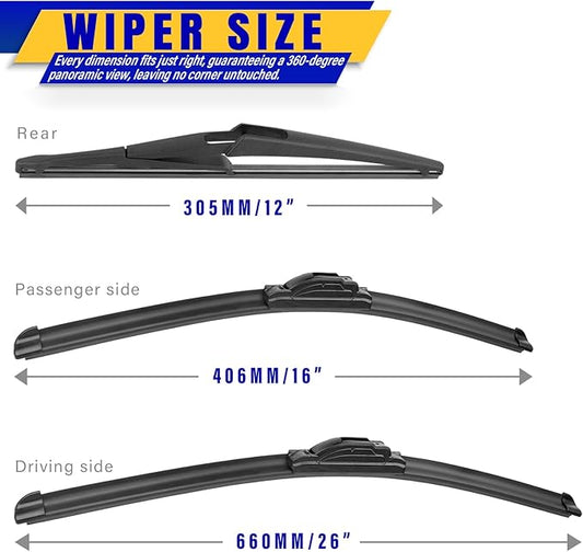 3 wipers Replacement for 2018-2023 Nissan Kicks, Windshield Wiper Blades Original Equipment Replacement - 26"/16"/12" (Set of 3) U/J HOOK