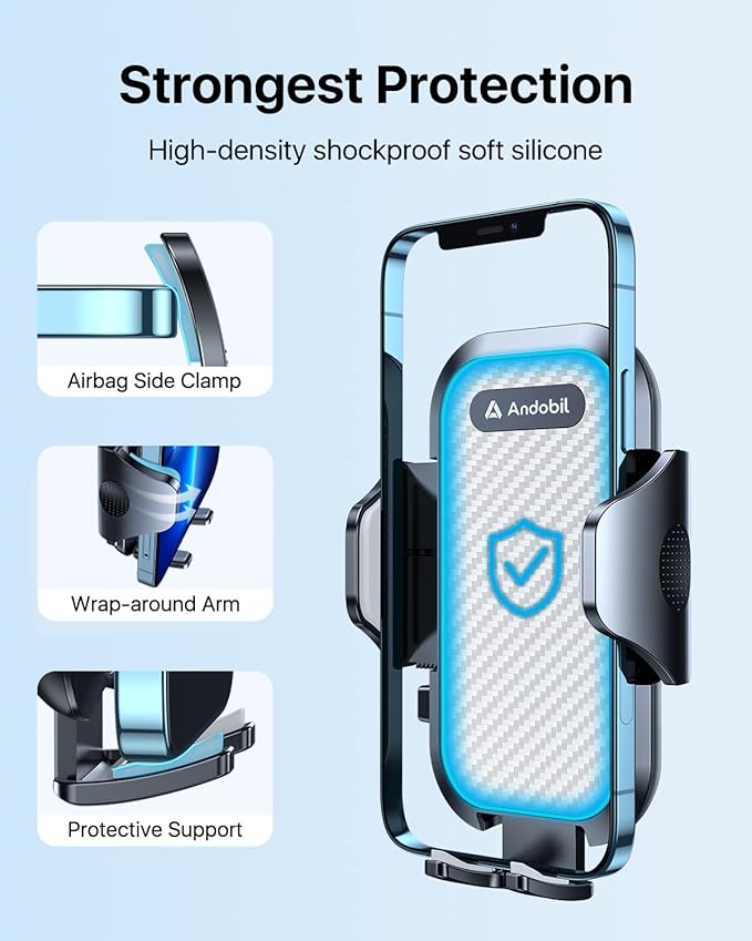 andobil Car Phone Mount - Military Sturdy, Firmly Grip & Never Slip, Ultra Stable, Easy Used, Compatible with iPhone 16 Pro Max, 16, 15, 14, 13, 12 Android Samsung S24 S23, Silver Car Vent Accessories