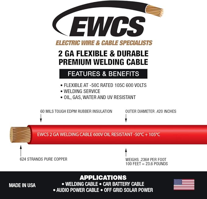 EWCS 2 Gauge Premium Extra Flexible Welding Cable 600 Volt - Red - 15 Feet - Made in The USA