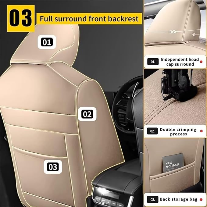 YORKNEIC Leather Car Seat Covers Fit for Hyundai Kona 2018-2025: 2 Front Set Seat Covers - Waterproof Auto Seat Protector Compatible Airbag (Beige)