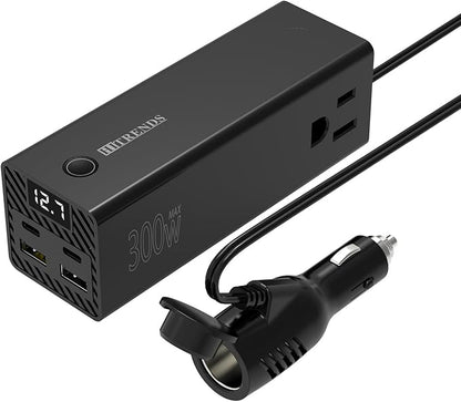 HITRENDS 300W Car Power Inverter Dual DC 12V to 110V AC Car Power inverters with PD 36W USB-C & 24W USB-A, Car Plug Converter with Switch and Current LCD Screen