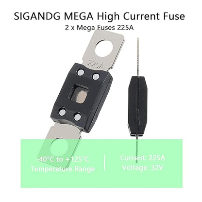 225A MEGA High Current Fuse - 225 Amp Bolt-on Fuse for Cars, Trucks, Construction Vehicles, Buses, Caravans (2 Pcs)