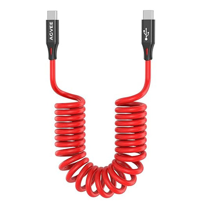 AGVEE 3ft Coiled Short USB-C to USB-C Charging Cable [USB-IF Certified] 60W PD Fast Charger Cord in Car for iPhone 16/15 CarPlay, Galaxy S25 S24 S23 S22 S21 S10 S9 S8, Google Pixel, Red