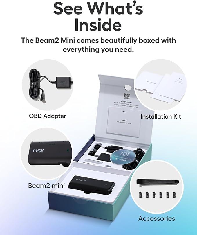Nexar Beam2 Mini Dash Cam Car Camera 128GB Storage 24H Parking Mode Wide Angle FHD Lens Wireless Dash Camera for Cars Includes $25 OBD Hardwire Kit for Continuous Power