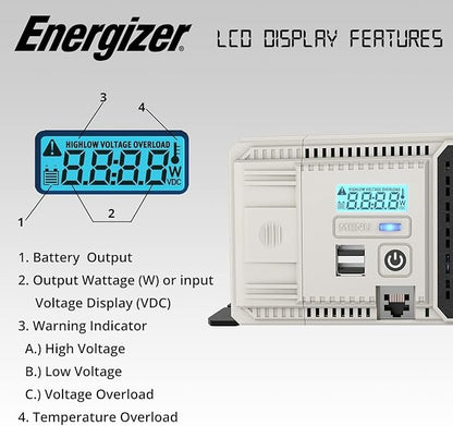 Energizer 1500 Watt 12V Pure Sine Inverter Dual AC Outlets & USB, Installation Kit Included, Automotive Power for Power Tools, Camping & Car Accessories - ETL Approved Under UL STD 458