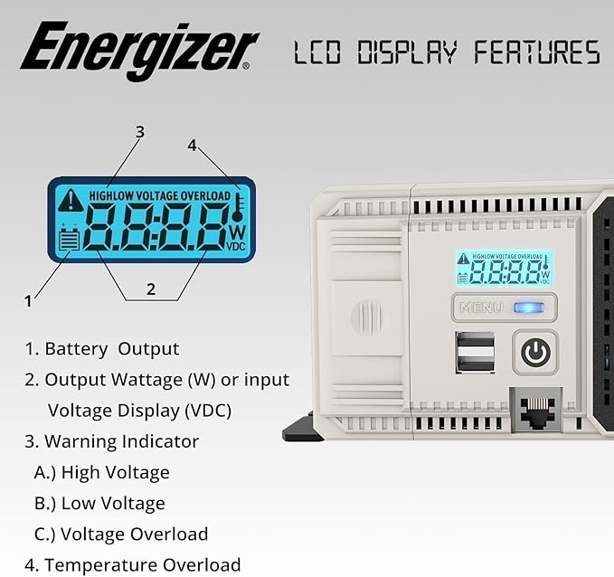 Energizer 3000W Pure Sine Wave Inverter 12V DC to 120V AC Converter for RV, Truck, Off-Grid Solar Power Inverter 12V to 110V W/QC 3.0A Each USB Port, AC Hardwire Port, Remote Cables Fuse Included