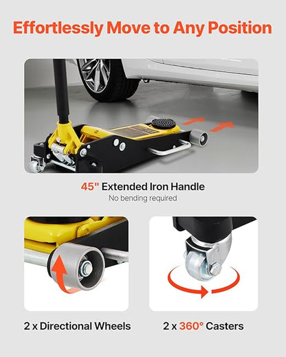 VEVOR 3 Ton Low Profile , Aluminum and Steel Racing Floor Jack with Dual Pistons Quick Lift Pump for Sport Utility Vehicle, Lifting Range 3-6/11"-19-11/16", yellow,black