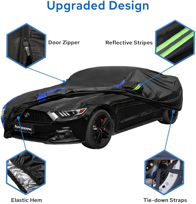 Avecrew for Ford Mustang Car Cover Waterproof All Weather for Automobiles, Outdoor Full Exterior Covers Fit Sedan Ford Mustang with Windproof Strap