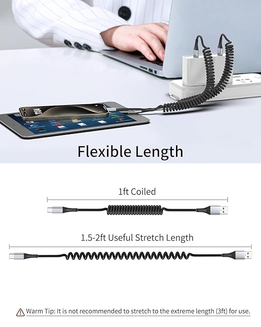 Coiled USB C Cable, 2 Pack USB Type C Coiled Cable for Car Short USB C Retractable Cable for iPhone 15 Pro Max, Samsung Galaxy S23 S22, Moto G8, Google Pixel, USB C Carplay Cord for Android Auto