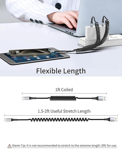 Coiled USB C Cable, 2 Pack USB Type C Coiled Cable for Car Short USB C Retractable Cable for iPhone 15 Pro Max, Samsung Galaxy S23 S22, Moto G8, Google Pixel, USB C Carplay Cord for Android Auto