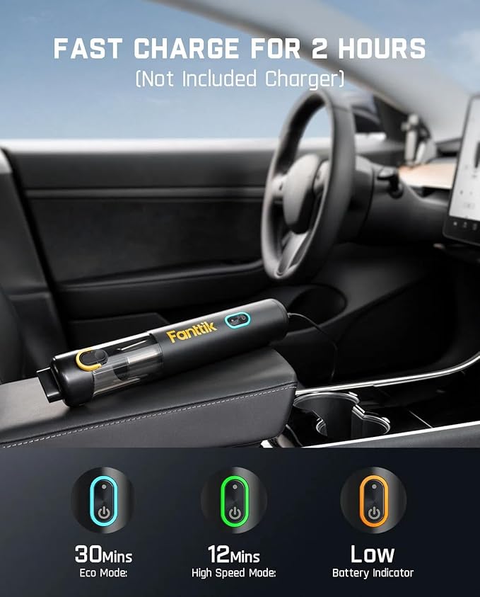 Fanttik Slim V8 Mate Cordless Car Vacuum Suction Power 12000Pa, Portable Mini Vacuum with Flexible Hose and Pet Brush, Type-C Charge, Portable for Car, Office Desk, Keyboards, Black