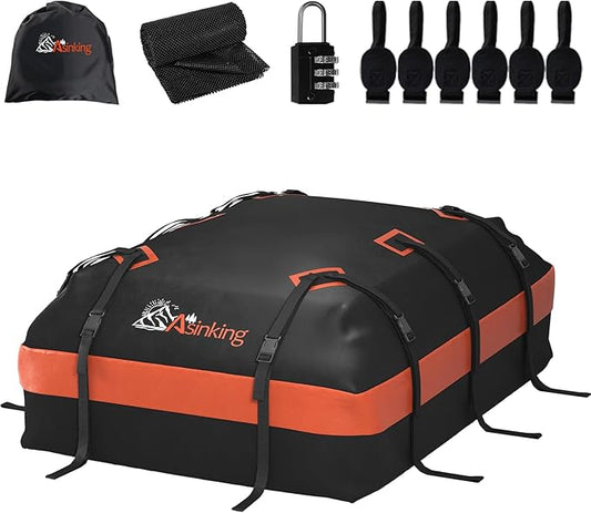 Asinking Car Roof Bag Rooftop top Cargo Carrier Bag 21 Cubic feet Waterproof for All Cars with/Without Rack, Includes Anti-Slip Mat, 10 Reinforced Straps, 6 Door Hooks, Luggage Lock