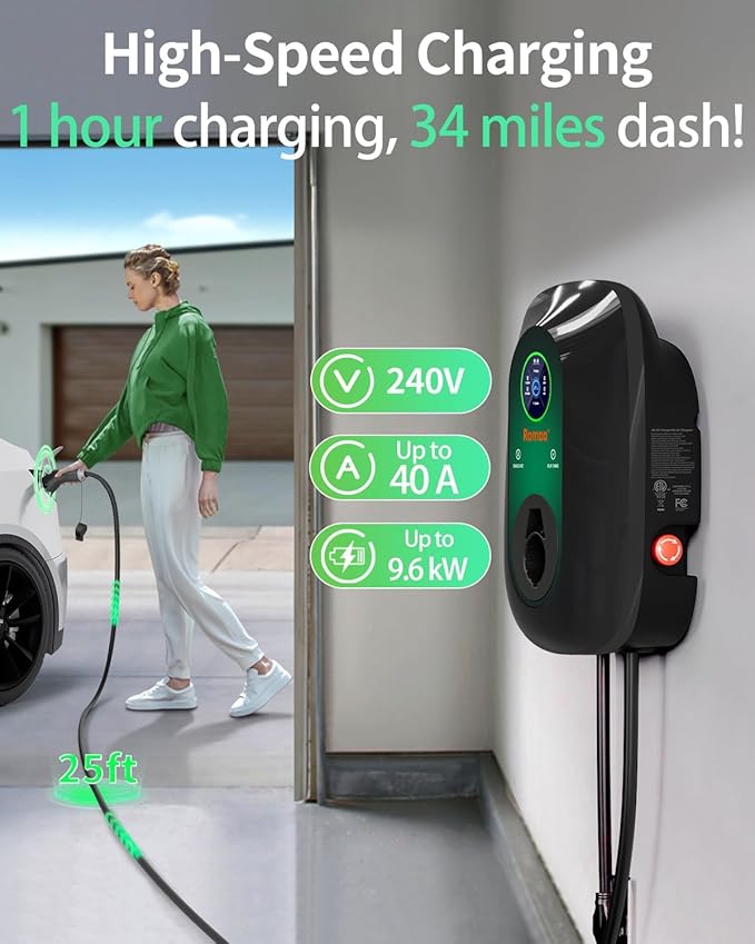 Level 2 EV Charger 40Amp, 240V Electric Vehicle Charging Stations, NEMA 14-50 EVSE J1772 Connector, Smart WiFi Control, 25' Cord Electric Car Charger for Home, ETL FCC