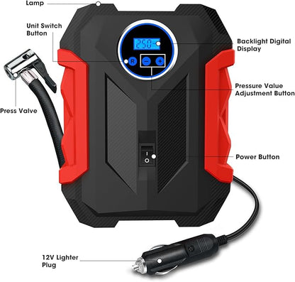Digital Air Compressor for Car Auto Pump Portable Tire Inflator with LED Light DC 12V, Red