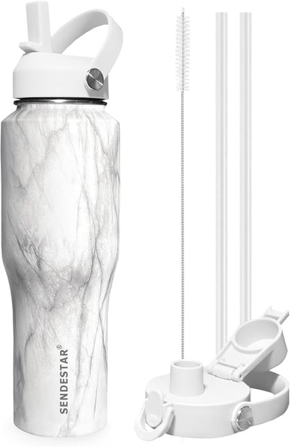 SENDESTAR 32oz Water Bottle Wide Mouth Stainless Steel Vacuum Insulated Double Wall with 2 Straw Lids Fit in Any Car Cup Holder TXIN-32-Marbling