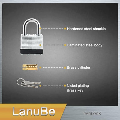 LanuBe Lock Laminated keyed Padlock (1-9/16", 40mm), keyed Alike Locks, Normal Shackle,Marked Black Plastic Hoop, Pack of 24