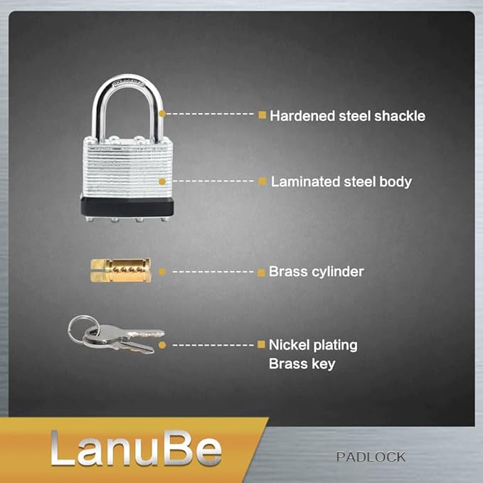 LanuBe Lock Laminated keyed Padlock (1-9/16", 40mm), keyed Alike Locks, Normal Shackle,Marked Black Plastic Hoop, Pack of 60…