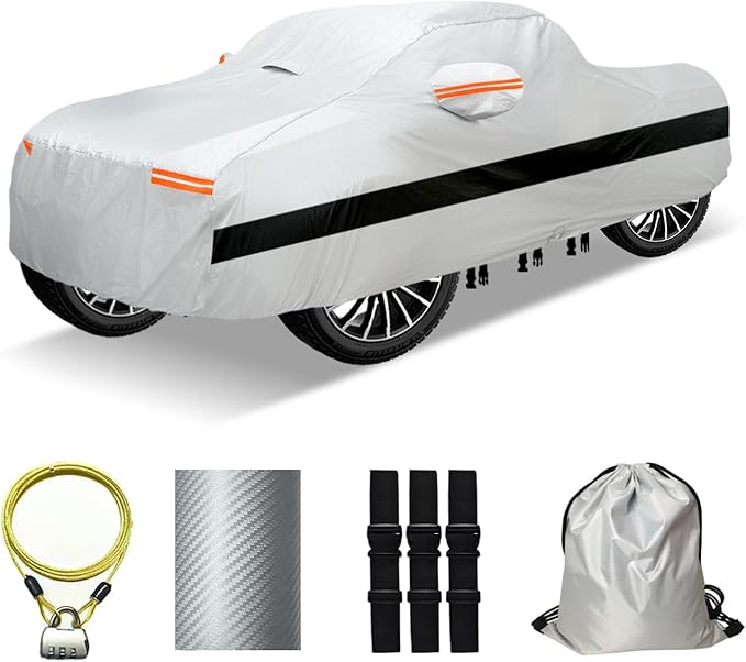 30 Layers Truck Car Cover for Automobiles All Weather Waterproof, Outdoor Snowproof UV Protection Windproof, No Zipper, Heavy Duty Universal Car Covers, (Silver, Fit Truck 191"-210")