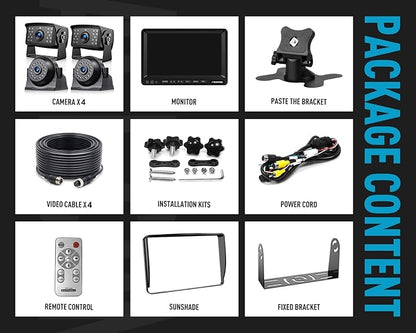 Fookoo HD 1080P 7" Wired Backup Camera System, 7-inch Quad Split Screen Monitor W/Recording, IP69 Waterproof Side View Rear View Cameras, Parking Lines for Truck/Trailer/RV/Tractor/ 5th Wheel (DY704)