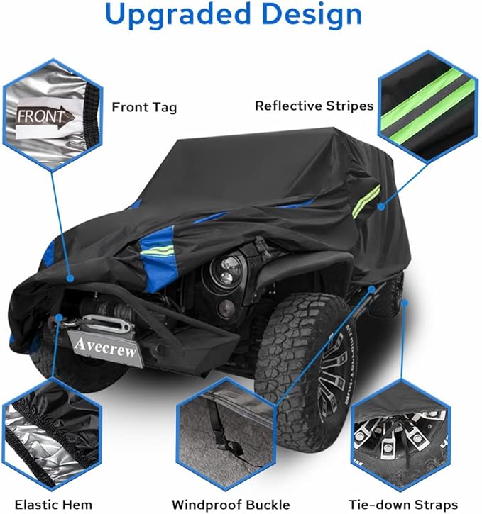 Avecrew for Jeep Wrangler Cover Waterproof 2 Door, All Weather for Jeep Rain Cover for Automobiles, Outdoor Full Exterior for Jeep Covers Fits JK JL TJ YJ CJ