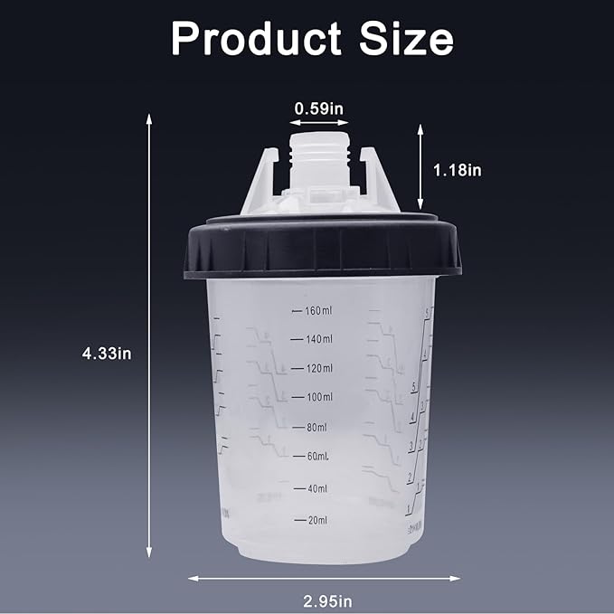 Disposable Paint Sprayer Mixing Cup for Automotive Paint Gun, HVLP Paint Spray Paint Gun 6 Ounce (160ml) Kit with 50 Cups and Lids System, 1 Hard Cup with Retainer Ring and 10 Plugs