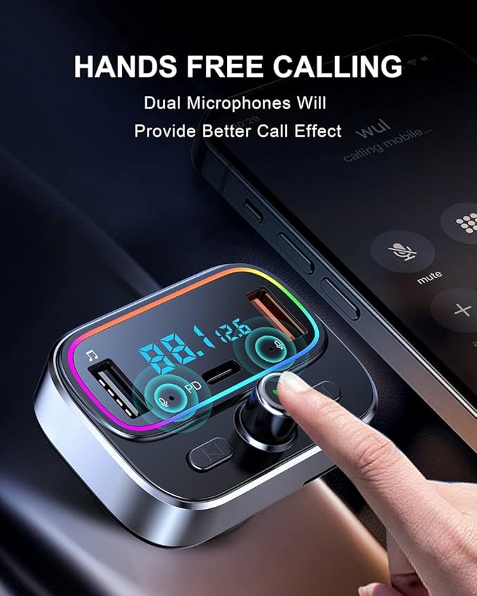 Bluetooth FM Transmitter for Car Wireless Radio Adapter Kit, Hands-Free Calling Dual Microphone, Fast Charging 18W & PD 20W for All Smartphones Audio Players, Supports TF/SD Card and USB Disk