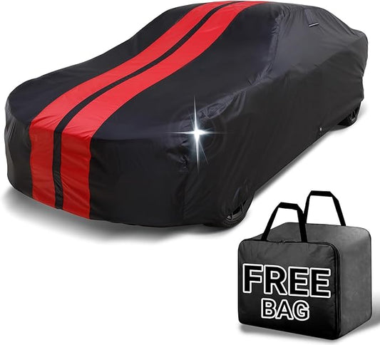 iCarCover Custom Car Cover for Buick Lesabre (1959-1970) Waterproof All-Weather Rain Snow UV Sun Protector Full Exterior Indoor Outdoor Car Cover (Stripe - Black/Red)