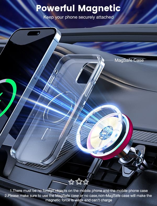 MOKPR for Magsafe Car Mount Charger-15W Wireless Car Charger-Magnetic Car Phone Holder for Dash Air Vent-LED RGB HandsFree Car Mount Fast Car Charger for iPhone 16 15/14/13/12 Series RED