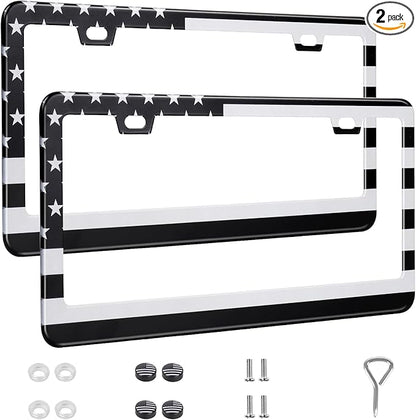 2 Pack License Plate Frames, Stainless Steel Car License Plate Cover Car Accessories with Screw Caps (Grey and Black)