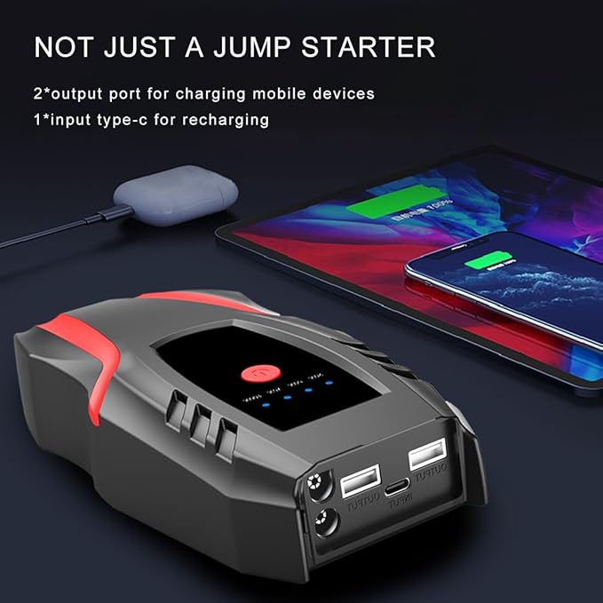 12v Auto Jump Starter Pack with Air Compressor, Peak Current 2000a, Car Lithium Battery Charger Jumper Box Tire Air Pump, Portable Power Bank for 8.0L Gas and 5.0L Diesel with Quick Charge