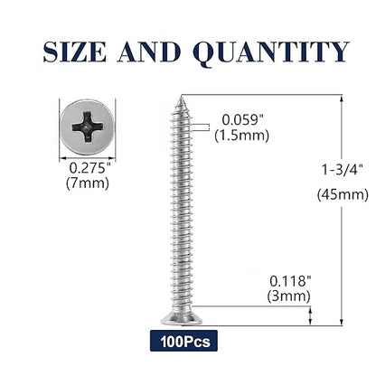 #7 x 1-3/4" Wood Screw 100Pcs 18-8 (304) Stainless Steel Screws Flat Head Phillips Fast Self Tapping Drywall Screws by SG TZH