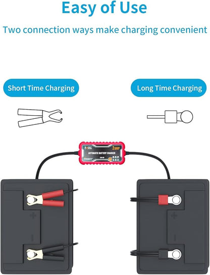 [2-Pack] FOVAL 2-Amp Car Battery Charger, 6V and 12V Portable Automatic Smart Charger, Battery Maintainer, Trickle Charger and Battery Desulfator for Car Lawn Mower Motorcycle Boat Lead Acid Batteries
