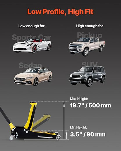 VEVOR 3 Ton Low Profile , Aluminum and Steel Racing Floor Jack with Dual Pistons Quick Lift Pump for Sport Utility Vehicle, Lifting Range 3-6/11"-19-11/16", yellow,black