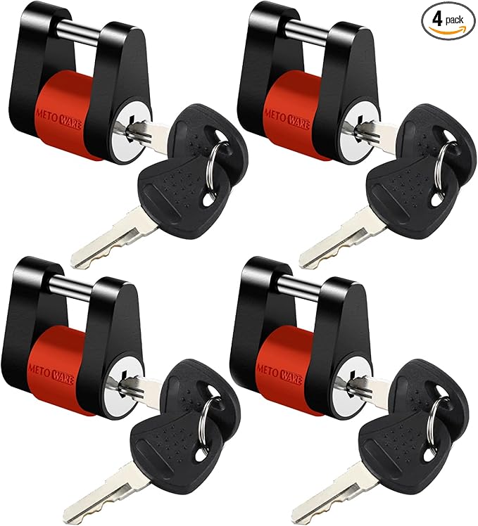 METOWARE Keyed Alike Trailer Coupler Lock, 1/4” Dia, 3/4” Span Heavy-Duty Steel Trailer Tongue Lock for Tow Boat RV Truck Car's Coupler with Anti-Rattle Rubber Rings (4 Pack)