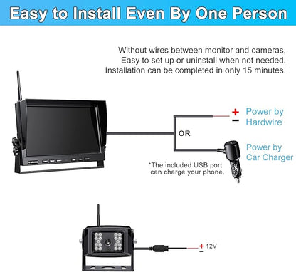 Fookoo HD 1080P 10" Wireless Backup Camera, 10-inch Dual/Quad Split Monitor, Supports 4 Cameras, IP69 Waterproof Rear View Camera Parking Lines, Recording w/ 32GB SD Card for RV/Trailer/Truck (DW101)