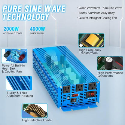 LVYUAN 2000 Watt Pure Sine Wave Inverter 24V to 110V 120V DC to AC with 3 AC Sockets, LED Display, Car Power Inverter for Vehicles Home RV Camping Truck Solar System