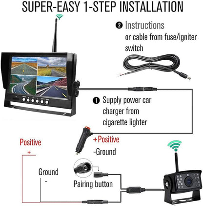 EVERSECU 4pcs Digital HD 1080P Wireless Car Backup Camera with 9 inch 4ch Quad Display Monitor/Car DVR/Dash Monitor/Vehicle Video Recorder for RV/SUV/Van/Pickup/Truck/Trailer Rear/Side/Front View