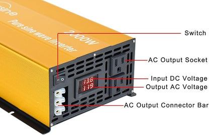 2000W Pure Sine Wave Inverter-36V DC to 110V 120V AC Power Converter with 2 AC Outlets, 36 Volt Power Inverter for Truck, Rv, Camping, Home, Emergency Power