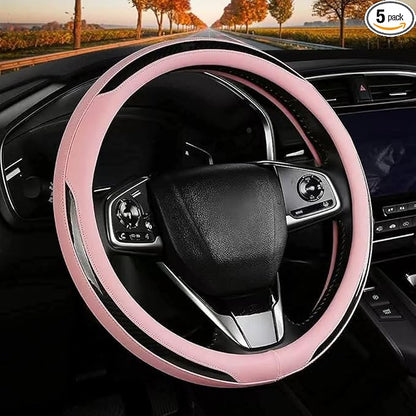 New Leather Car Steering Wheel Cover, Non-Slip Car Wheel Cover Protector Breathable Microfiber Leather Universal Fit for Most Cars