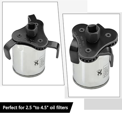 Universal Adjustable Oil Filter Wrench, Carbon Steel, Black, 1/2 & 3/8 Inch Square Drive Socket, 3-Jaw & 2-Way Design
