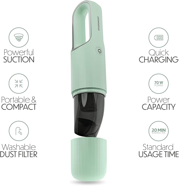 STARUMENT Vacuum Cleaner for Dust, Pet Hair Dirt Home, Car Interior Lightweight, Portable, Handheld, Cordless, Easy to Use, Compact Design Battery Rechargeable with USB-C Cable (Mint Green)