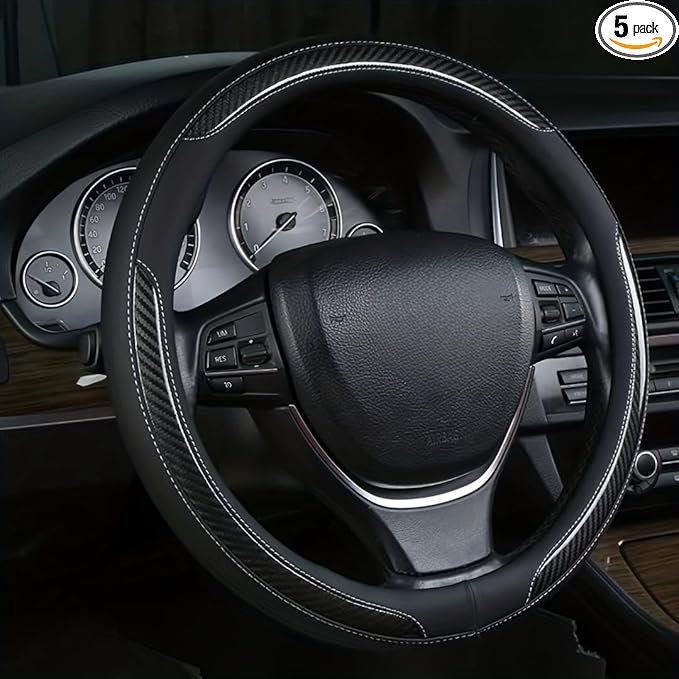 New Leather Car Steering Wheel Cover, Non-Slip Car Wheel Cover Protector Breathable Microfiber Leather Universal Fit for Most Cars(Black)