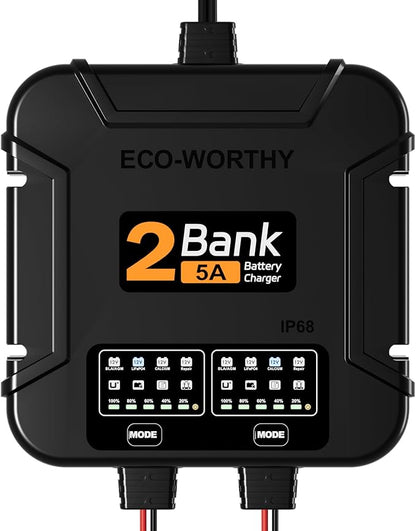 ECO-Worthy 2-Bank Marine Battery Charger 10A (5A/Bank), IP68 Waterproof 12V Charger & Maintainer for Boat RV Car, Lead-Acid LiFePO4 & Calcium Battery Desulfator
