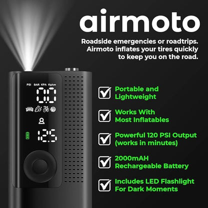Airmoto Tire Inflator Portable Air Compressor - Air Pump For Car Tires with Digital Pressure Gauge, LED Light and Auto Shut-Off Function - Cordless Pump for Car, Motorcycle, Bicycle, Balls and More
